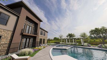 Swimming pool with hot tub and white pergola structures